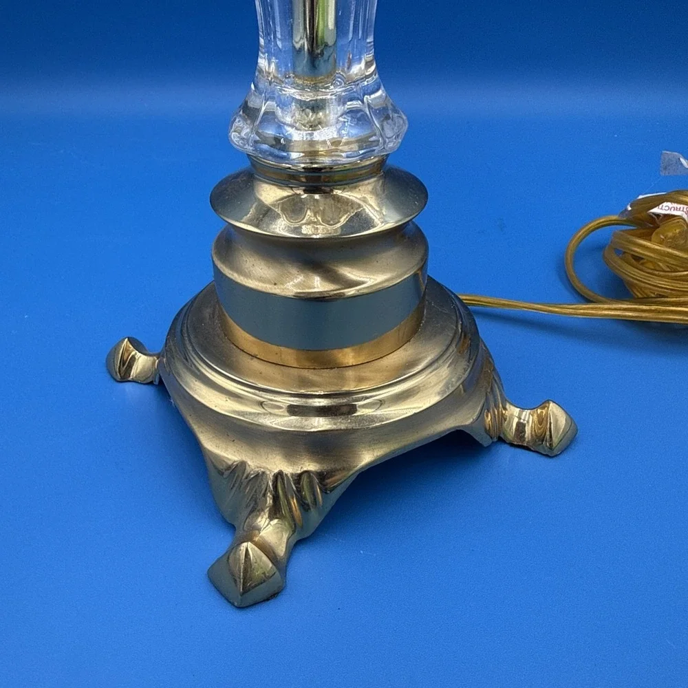 VTG Brass & Pressed Glass Table Lamp Hollywood Regency Footed Base No Shade